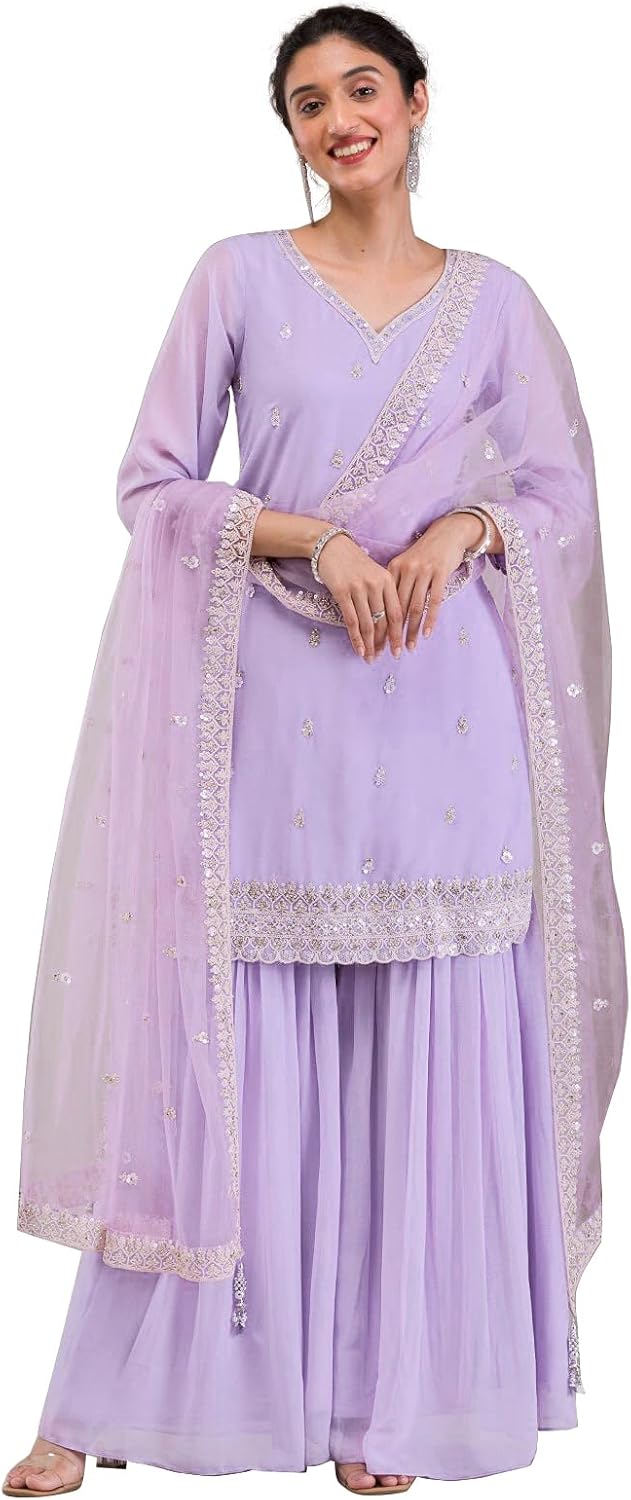 Georgette Sequence-Work Kurta and Sharara Set with Dupatta