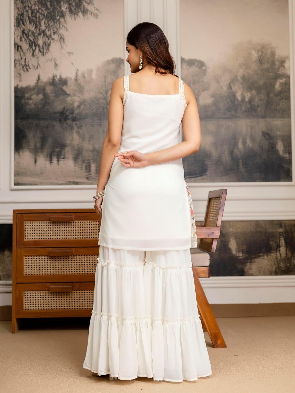 Georgette Sequence-Work Kurta and Sharara Set with Dupatta