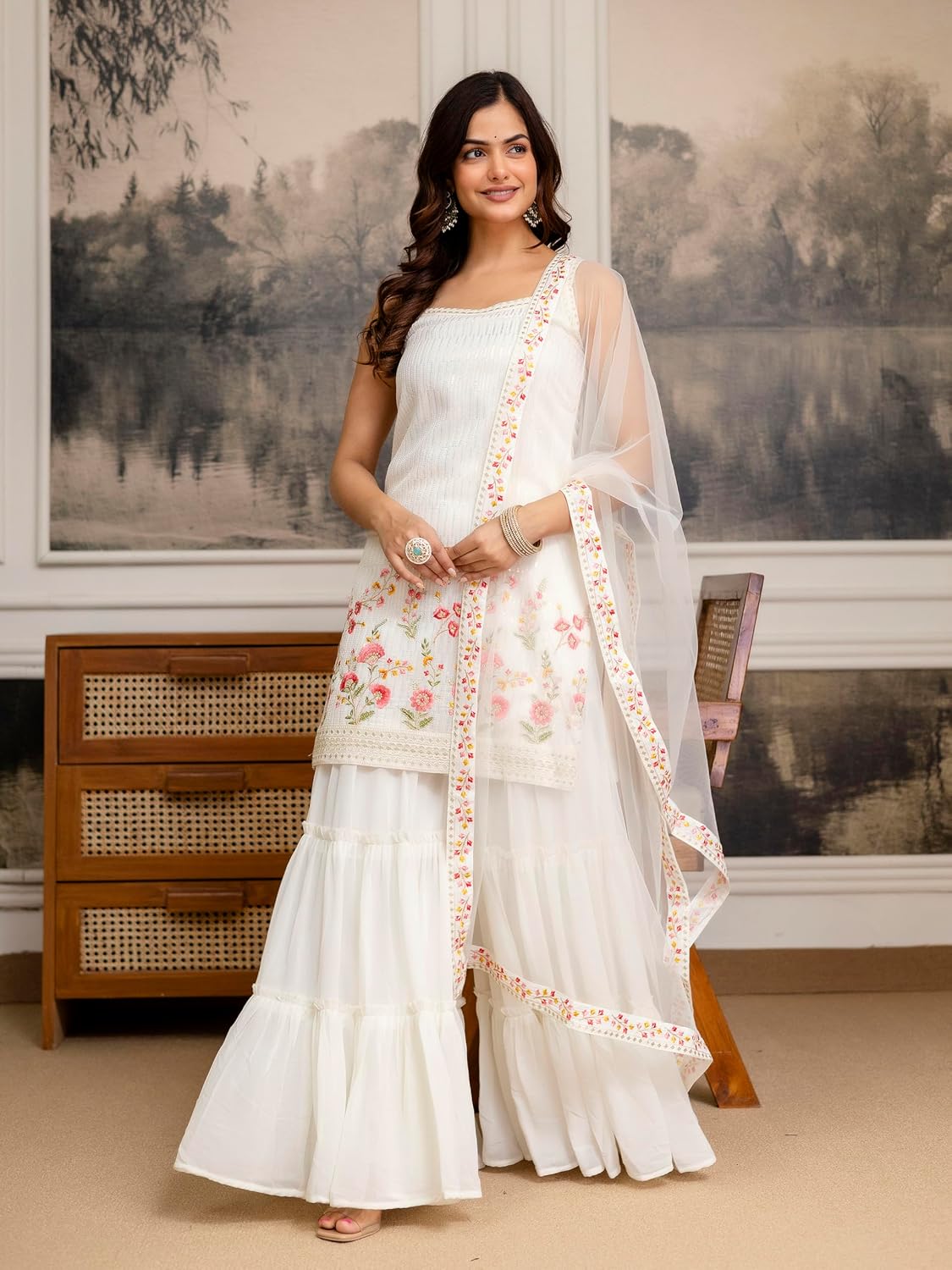 Georgette Sequence-Work Kurta and Sharara Set with Dupatta