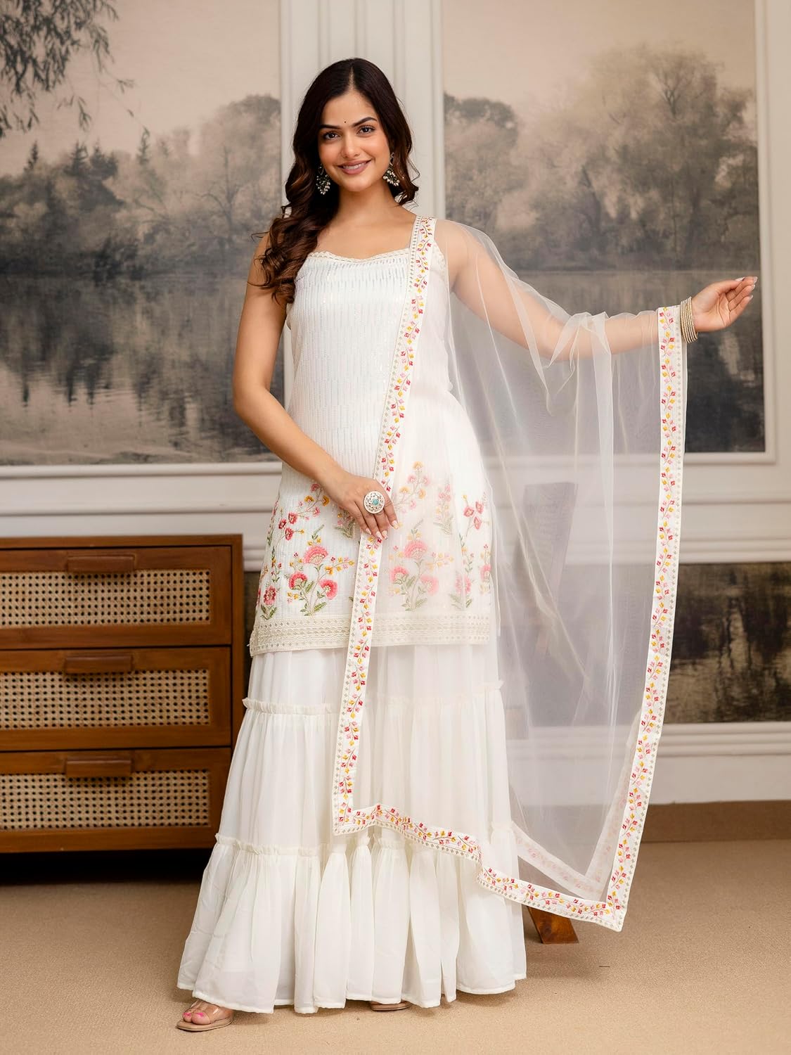 Georgette Sequence-Work Kurta and Sharara Set with Dupatta