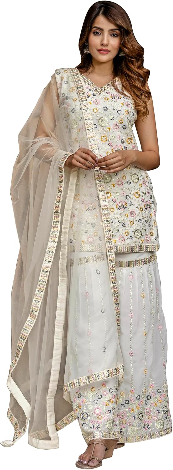 Georgette Sequence-Work Kurta and Sharara Set with Dupatta