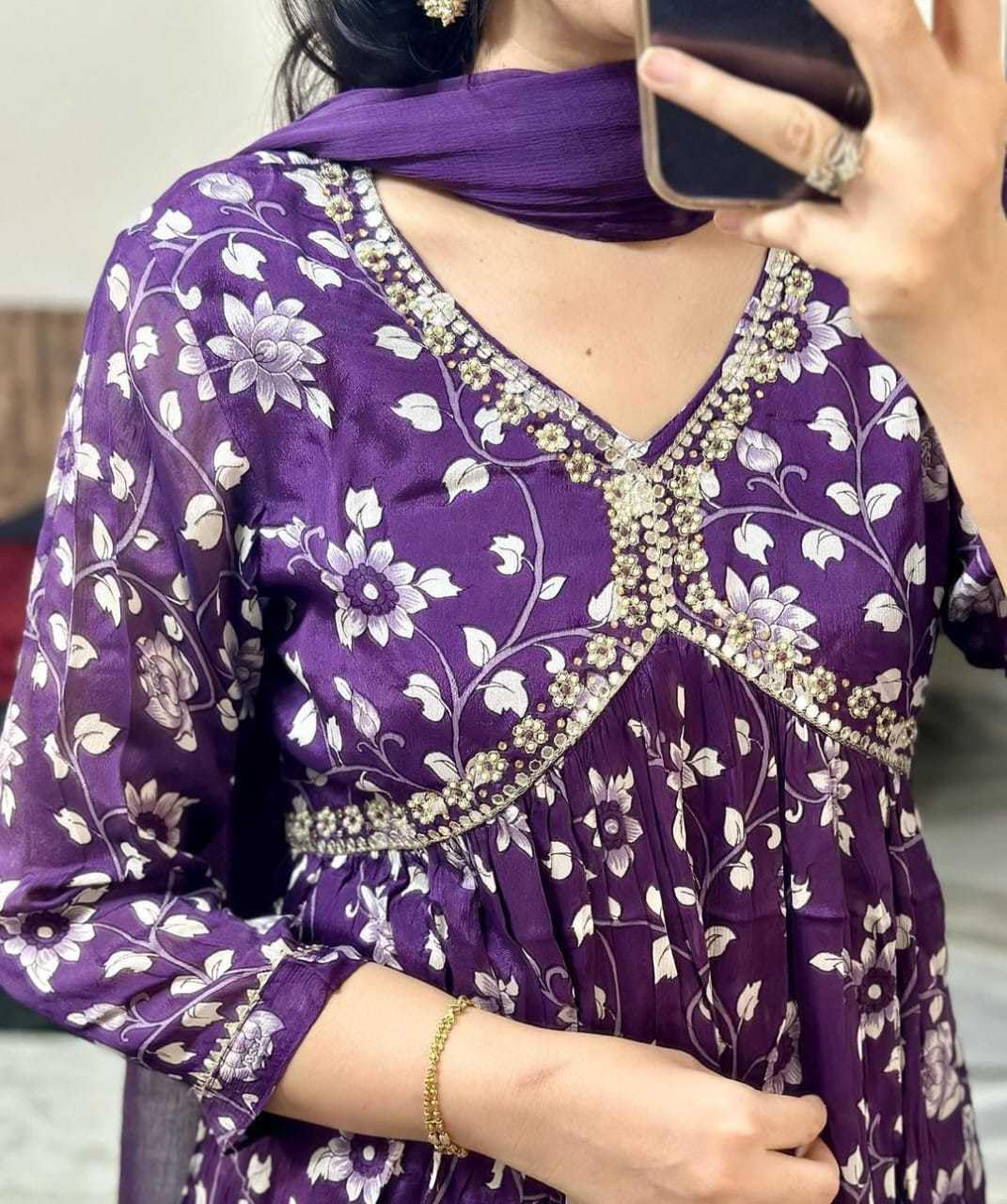 Rayon Floral Printed Alia-Cut Kurti, Pant and Dupatta Set