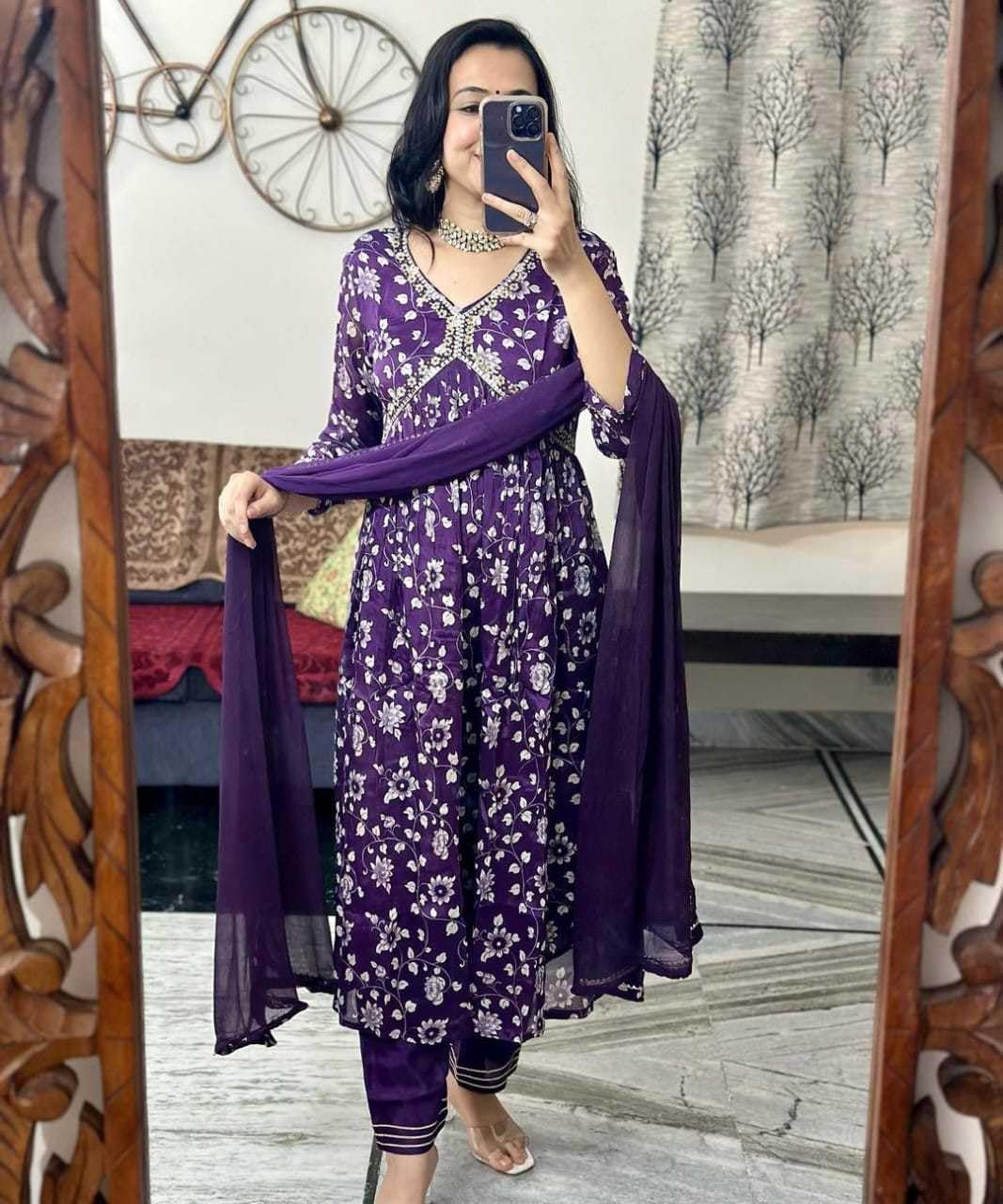 Rayon Floral Printed Alia-Cut Kurti, Pant and Dupatta Set