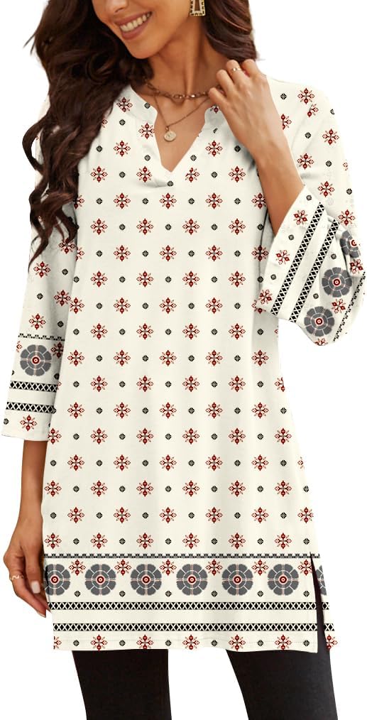 Three-Quarter Sleeve Tunic Top with Side Detail