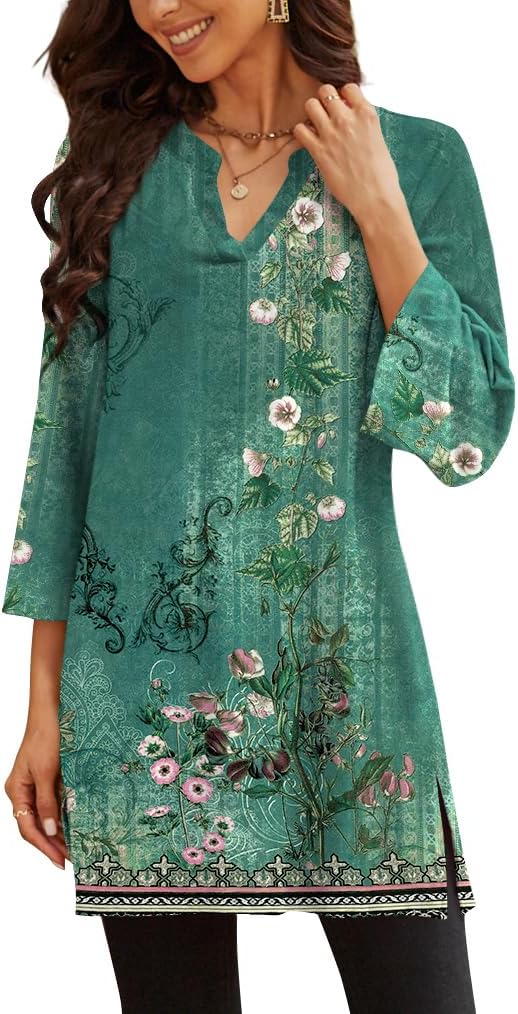 Three-Quarter Sleeve Tunic Top with Side Detail