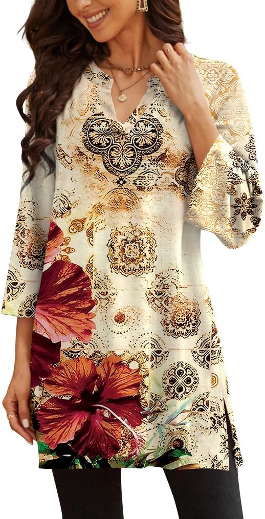Three-Quarter Sleeve Tunic Top with Side Detail