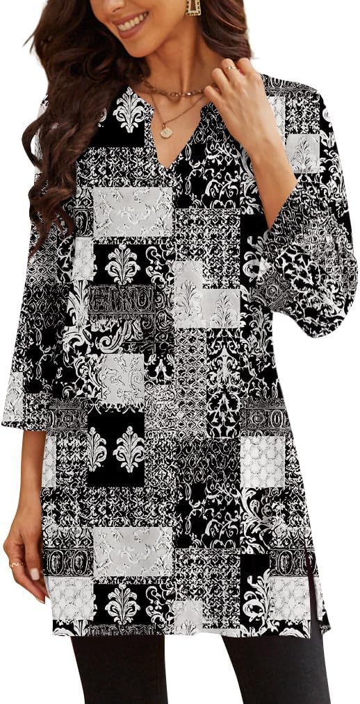 Three-Quarter Sleeve Tunic Top with Side Detail