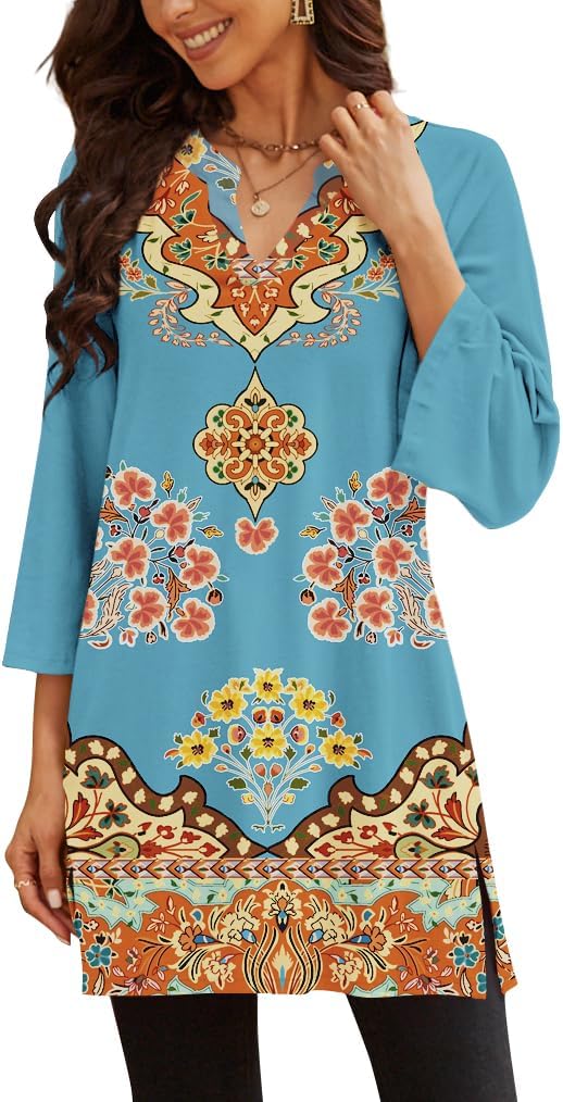 Three-Quarter Sleeve Tunic Top with Side Detail