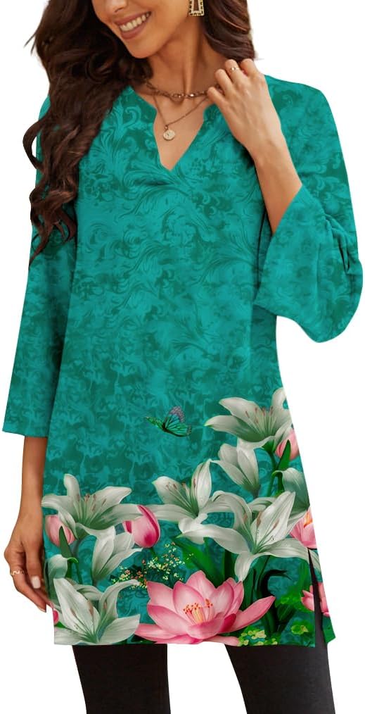 Three-Quarter Sleeve Tunic Top with Side Detail