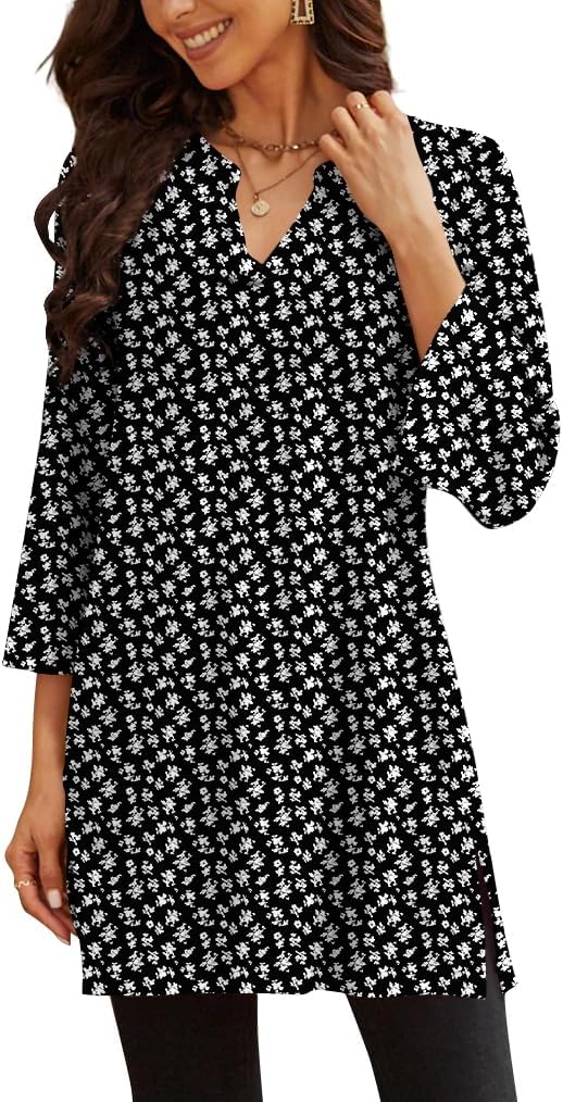 Three-Quarter Sleeve Tunic Top with Side Detail