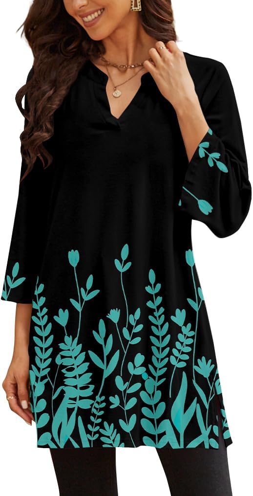 Three-Quarter Sleeve Tunic Top with Side Detail
