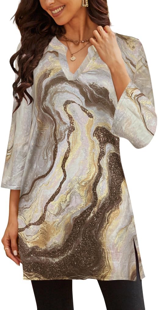 Three-Quarter Sleeve Tunic Top with Side Detail