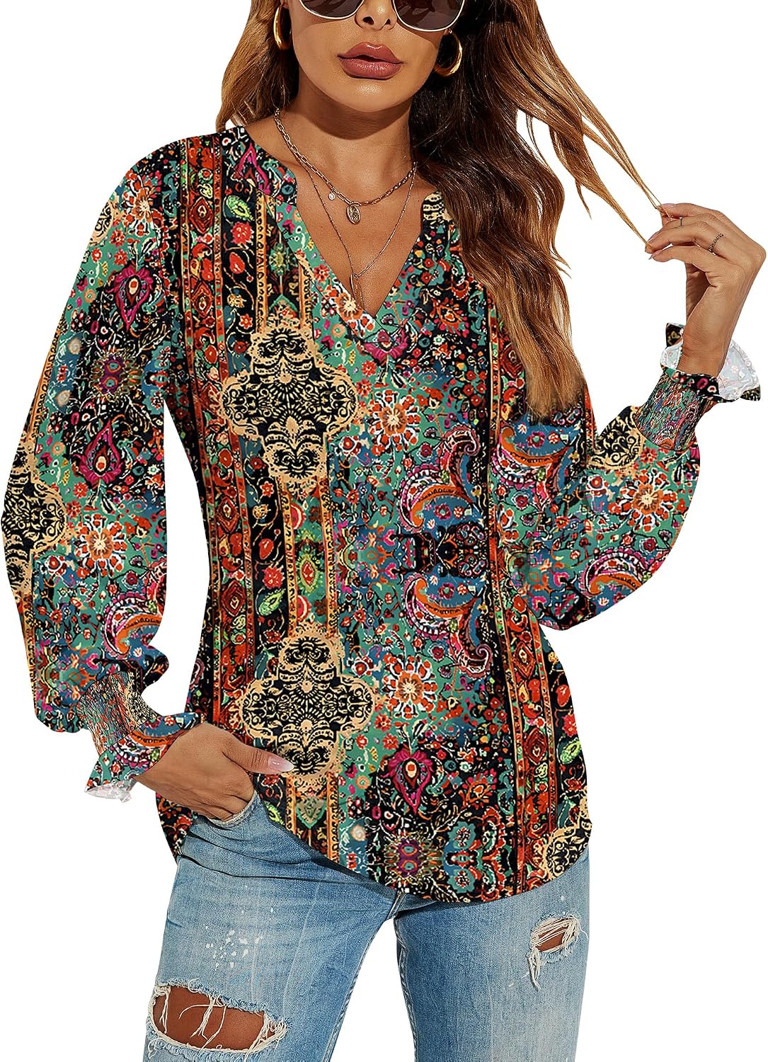 V-Neck Puff Long Sleeve Tunic Blouse