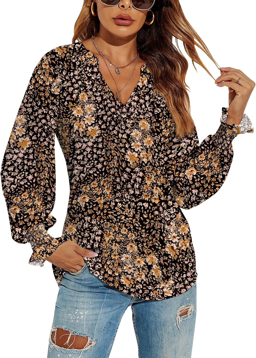 V-Neck Puff Long Sleeve Tunic Blouse