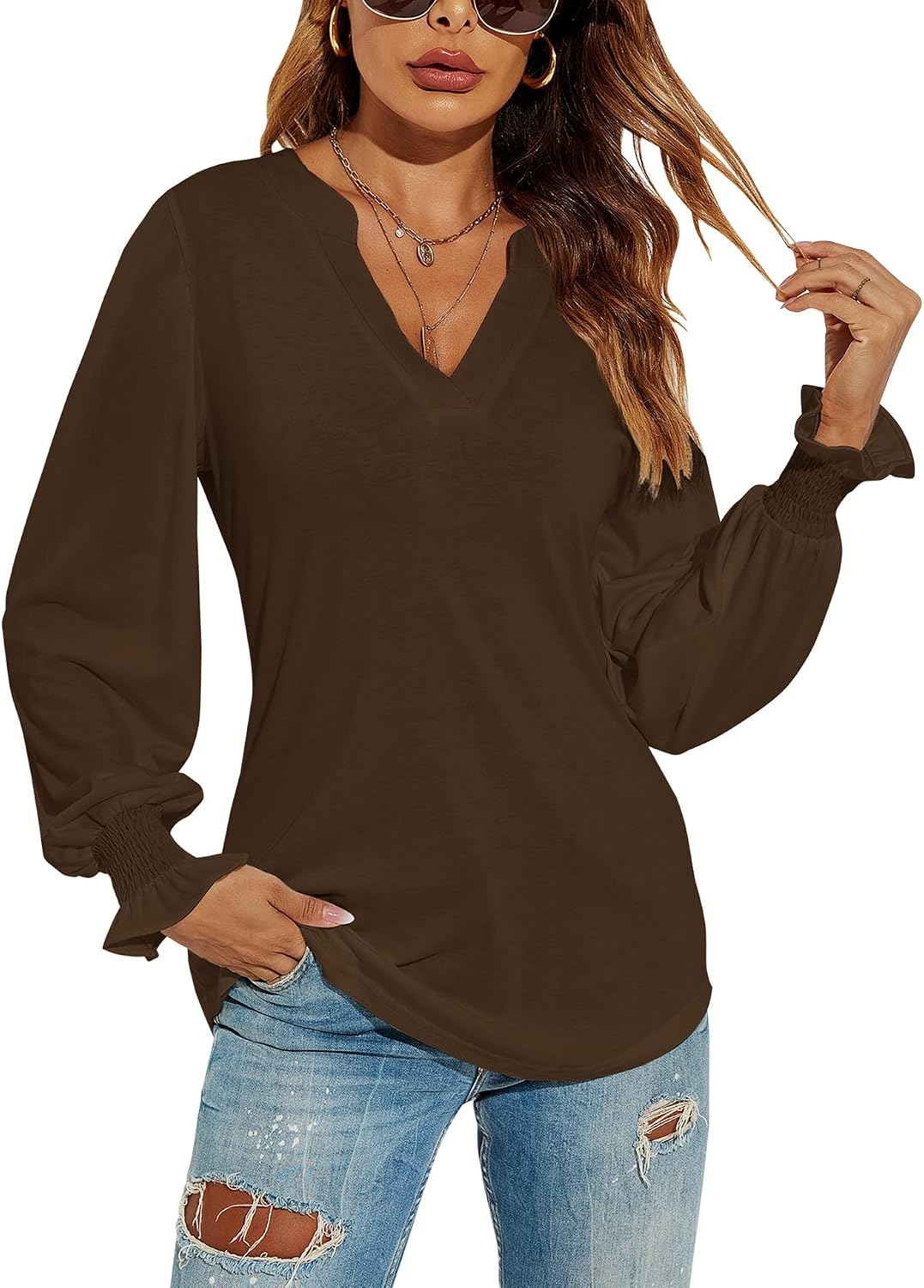 V-Neck Puff Long Sleeve Tunic Blouse