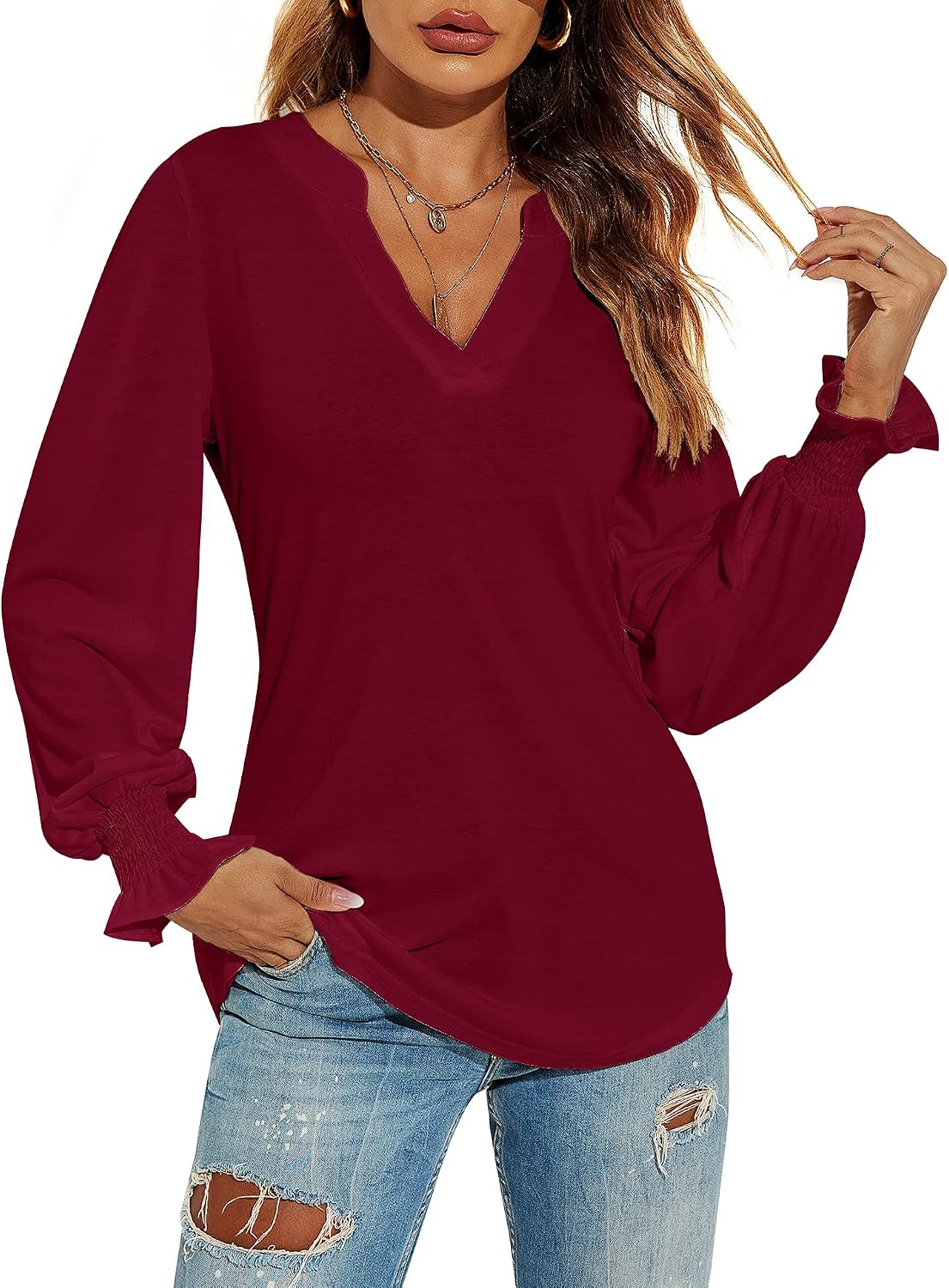 V-Neck Puff Long Sleeve Tunic Blouse