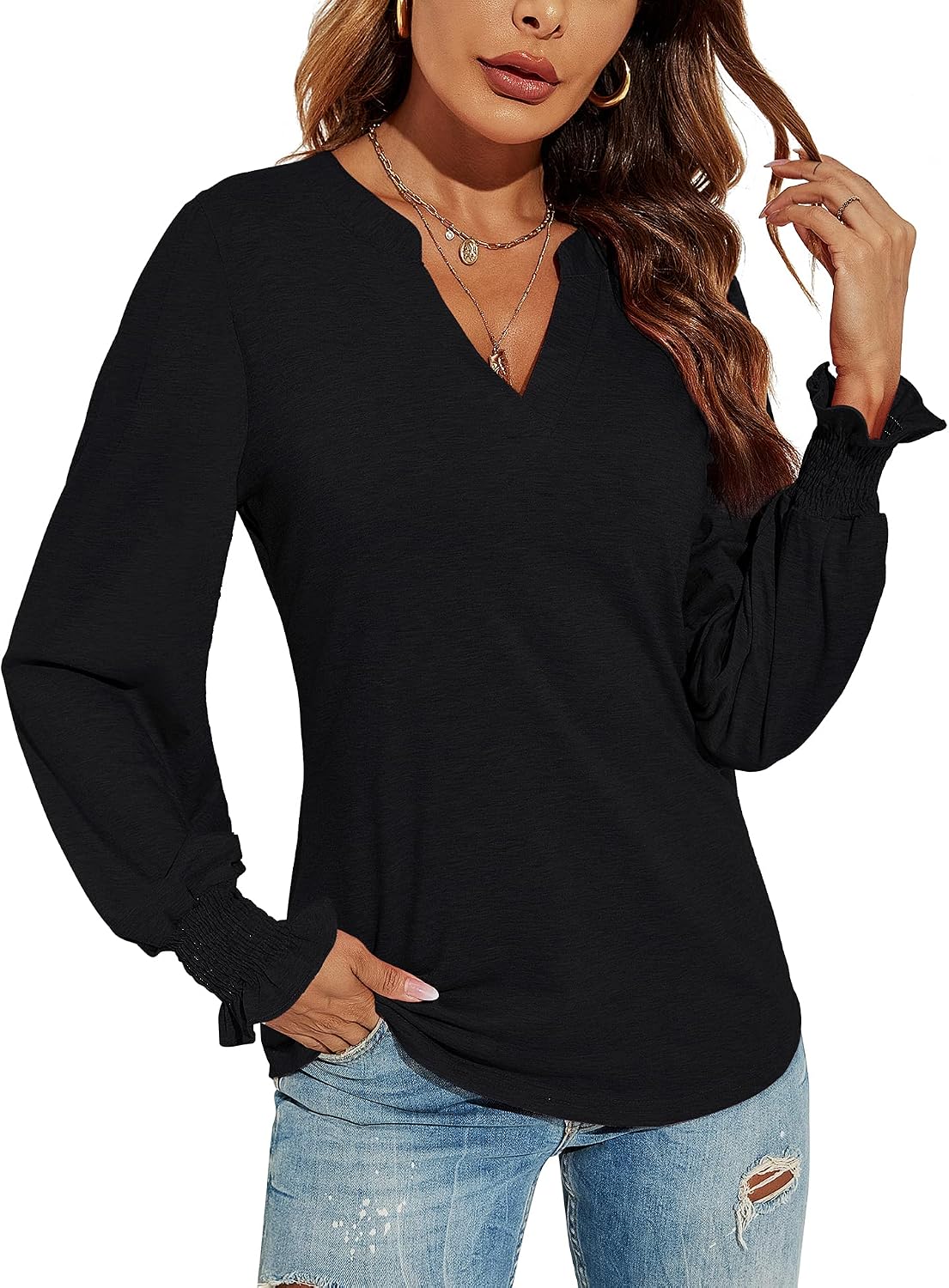 V-Neck Puff Long Sleeve Tunic Blouse