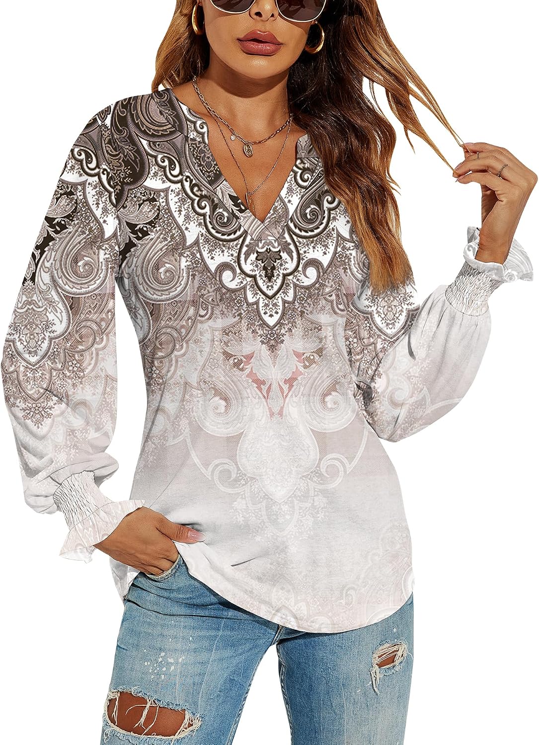 V-Neck Puff Long Sleeve Tunic Blouse