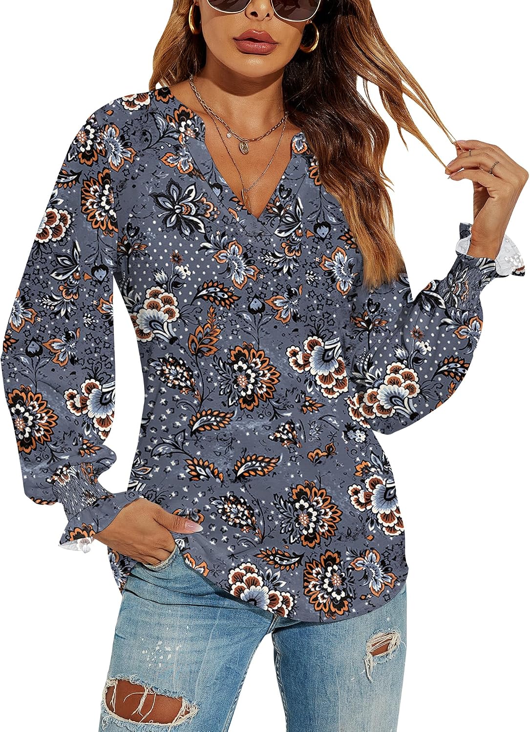 V-Neck Puff Long Sleeve Tunic Blouse