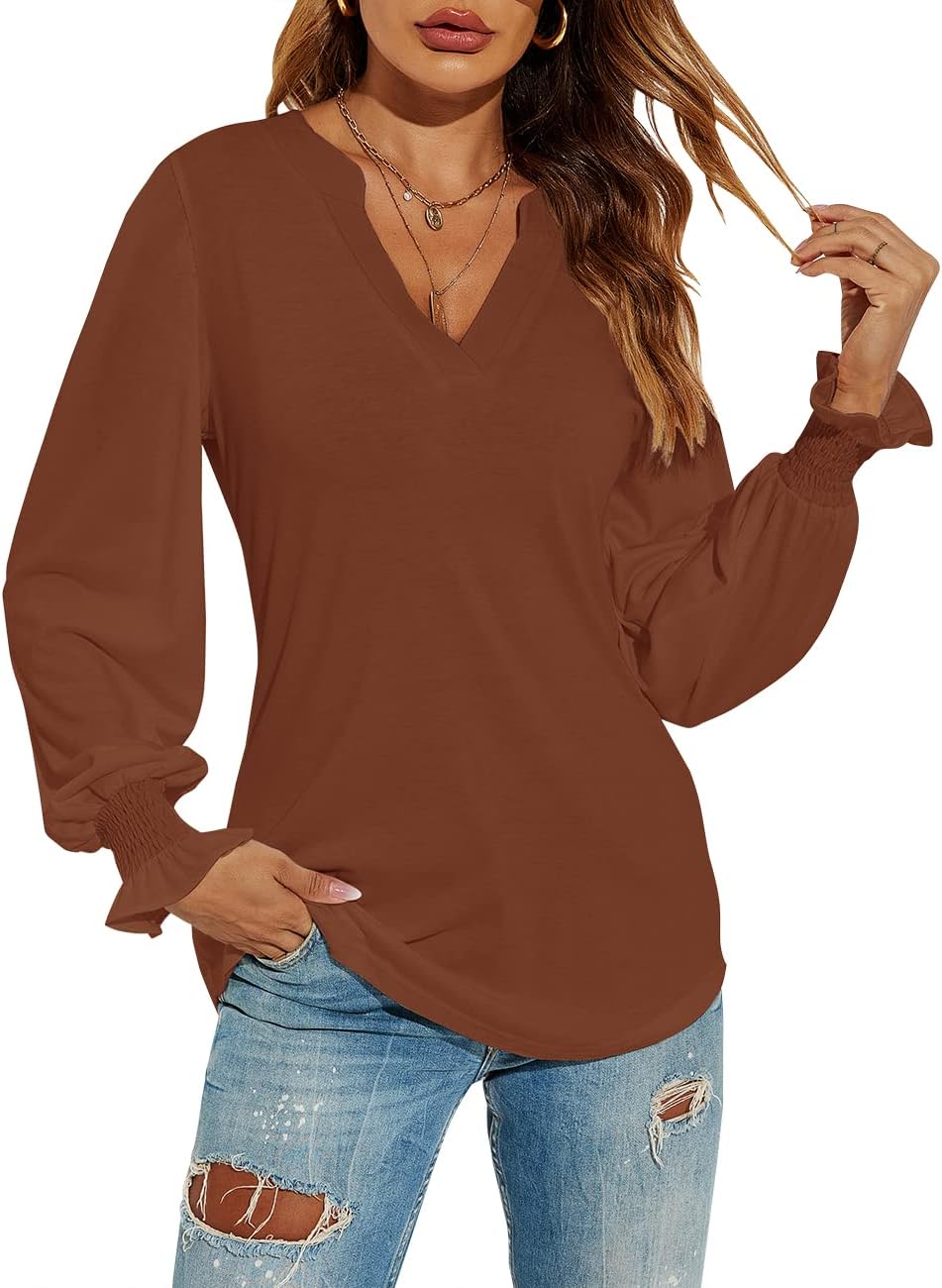 V-Neck Puff Long Sleeve Tunic Blouse