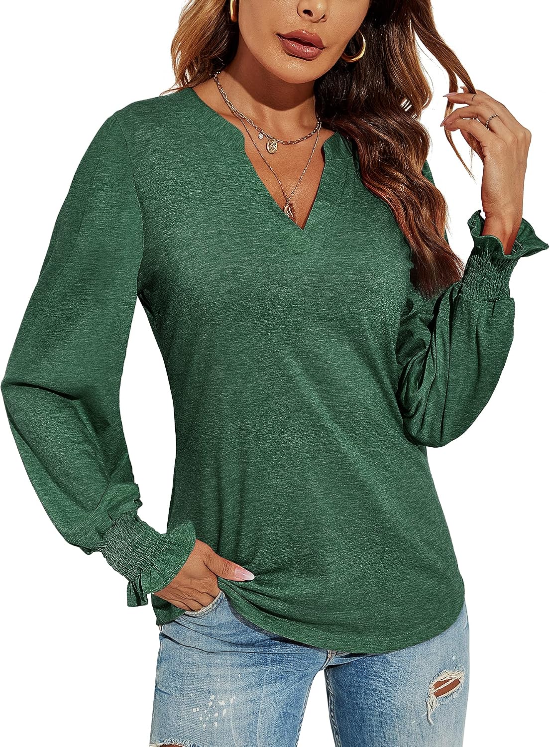 V-Neck Puff Long Sleeve Tunic Blouse