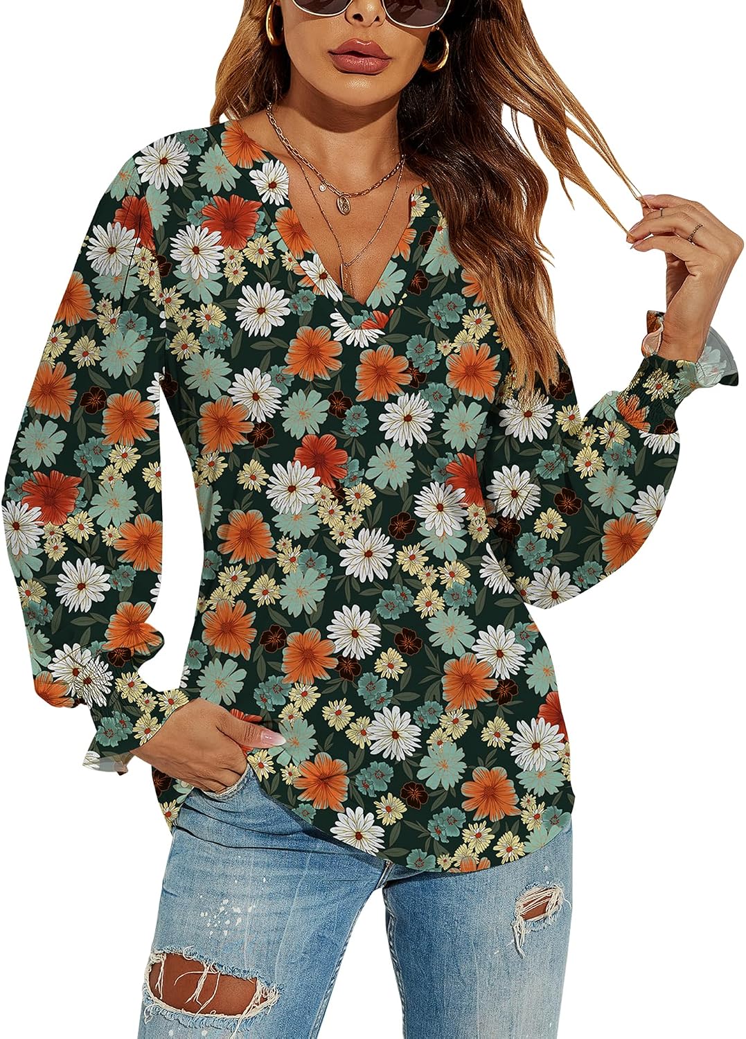 V-Neck Puff Long Sleeve Tunic Blouse