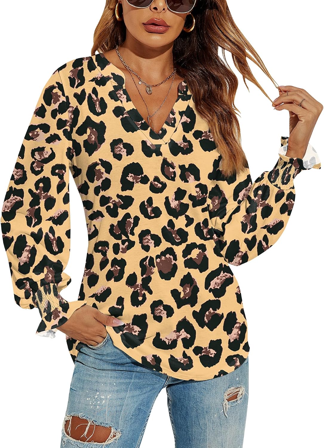 V-Neck Puff Long Sleeve Tunic Blouse