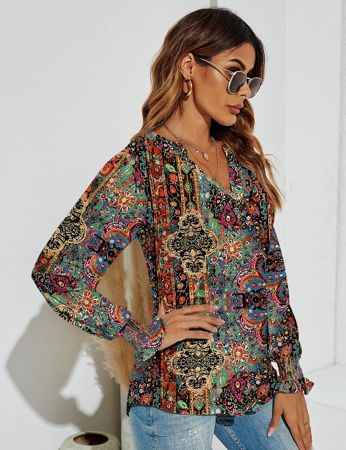 V-Neck Puff Long Sleeve Tunic Blouse