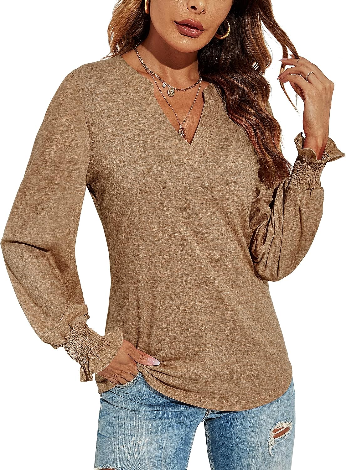 V-Neck Puff Long Sleeve Tunic Blouse