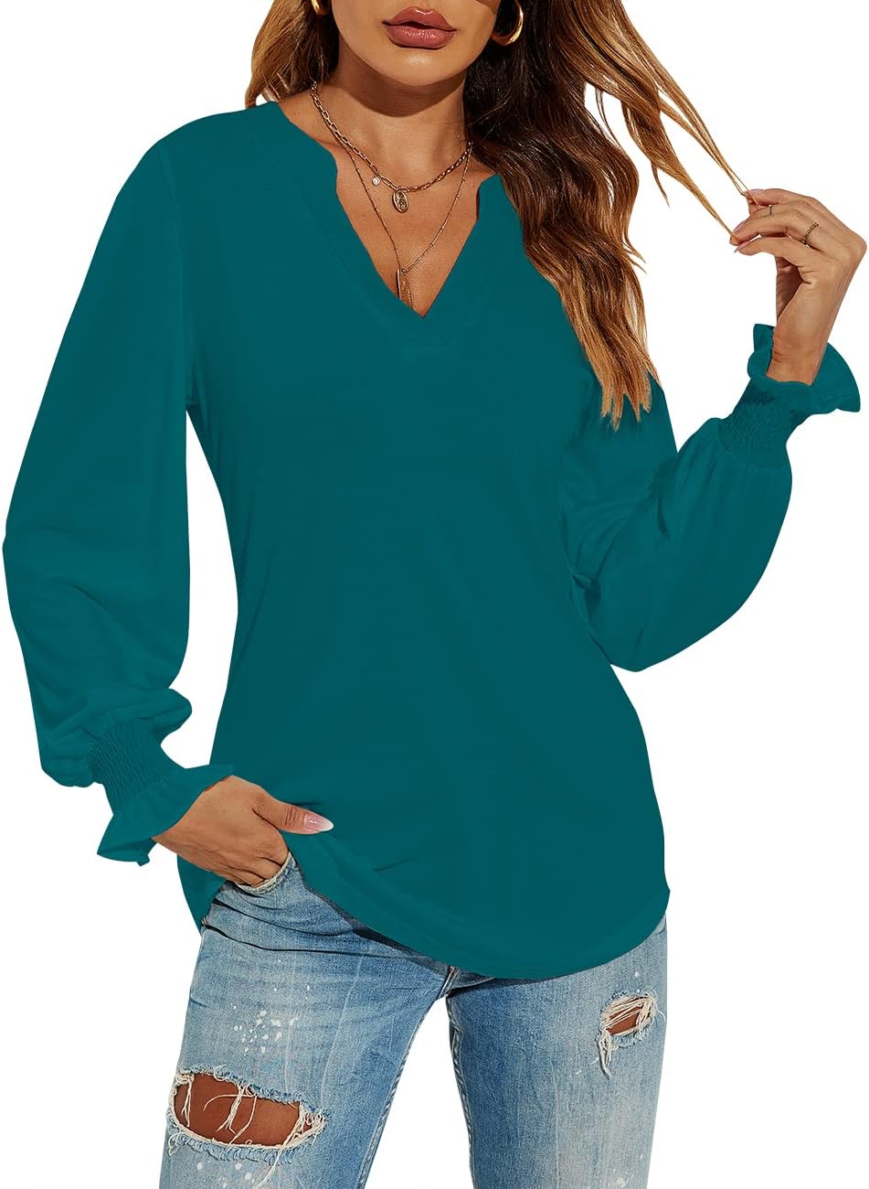 V-Neck Puff Long Sleeve Tunic Blouse