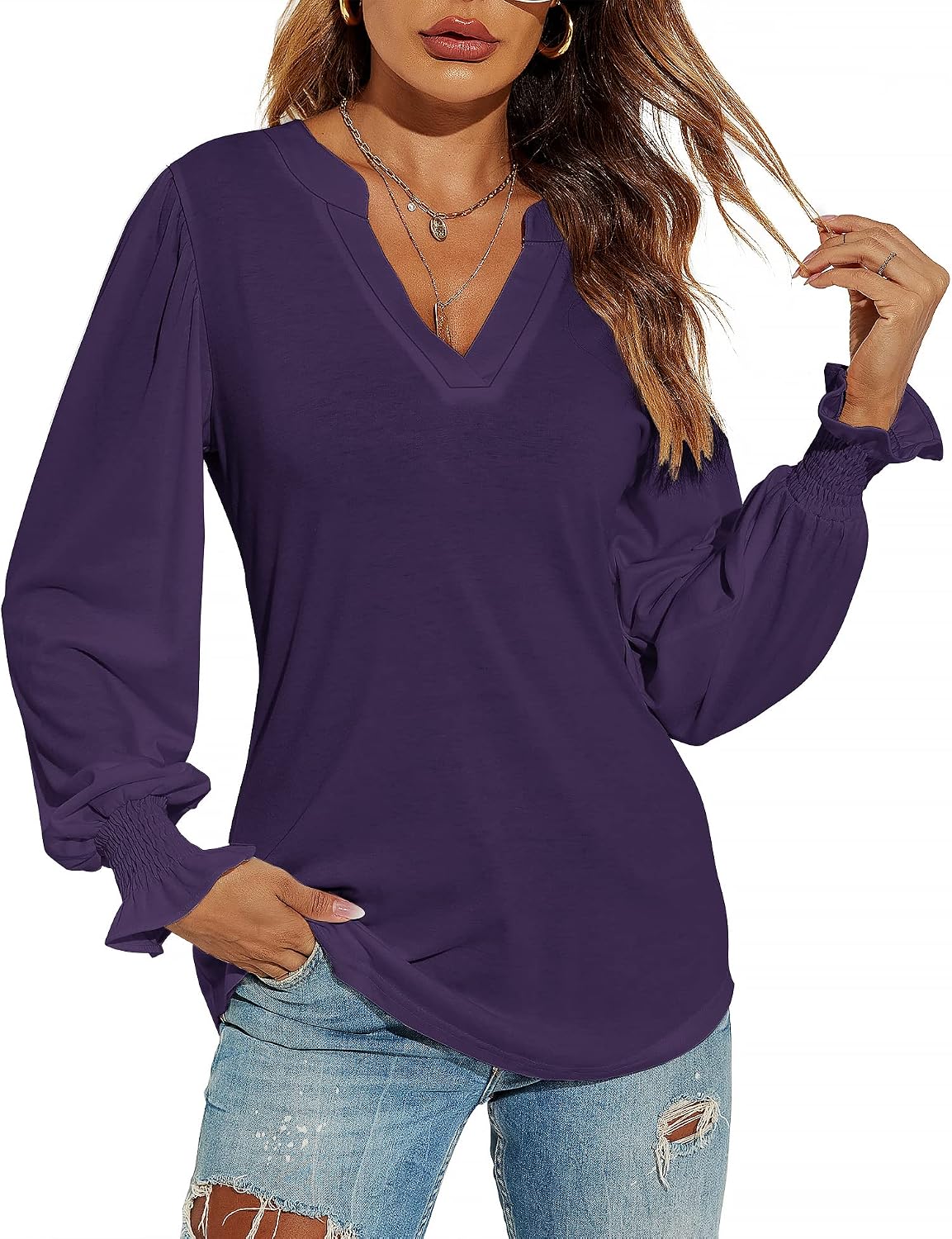 V-Neck Puff Long Sleeve Tunic Blouse