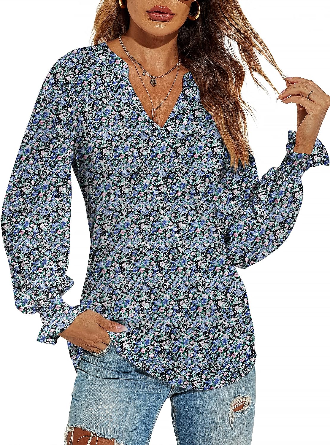 V-Neck Puff Long Sleeve Tunic Blouse
