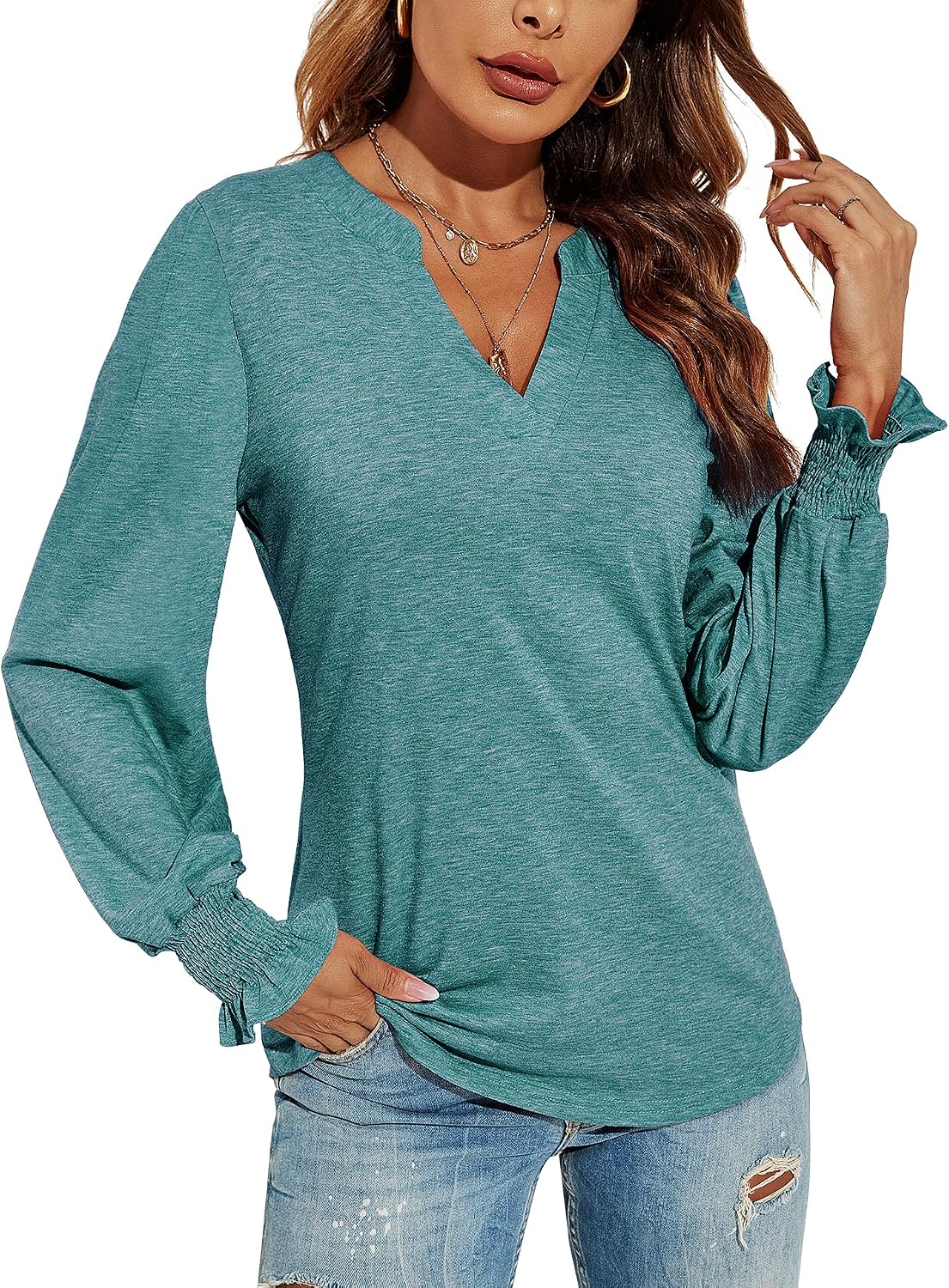 V-Neck Puff Long Sleeve Tunic Blouse