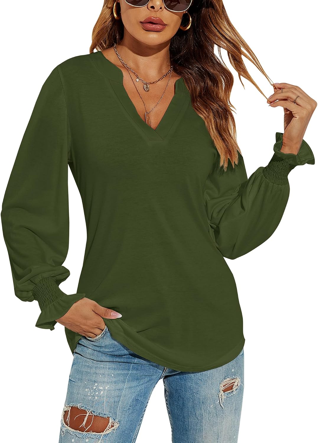 V-Neck Puff Long Sleeve Tunic Blouse