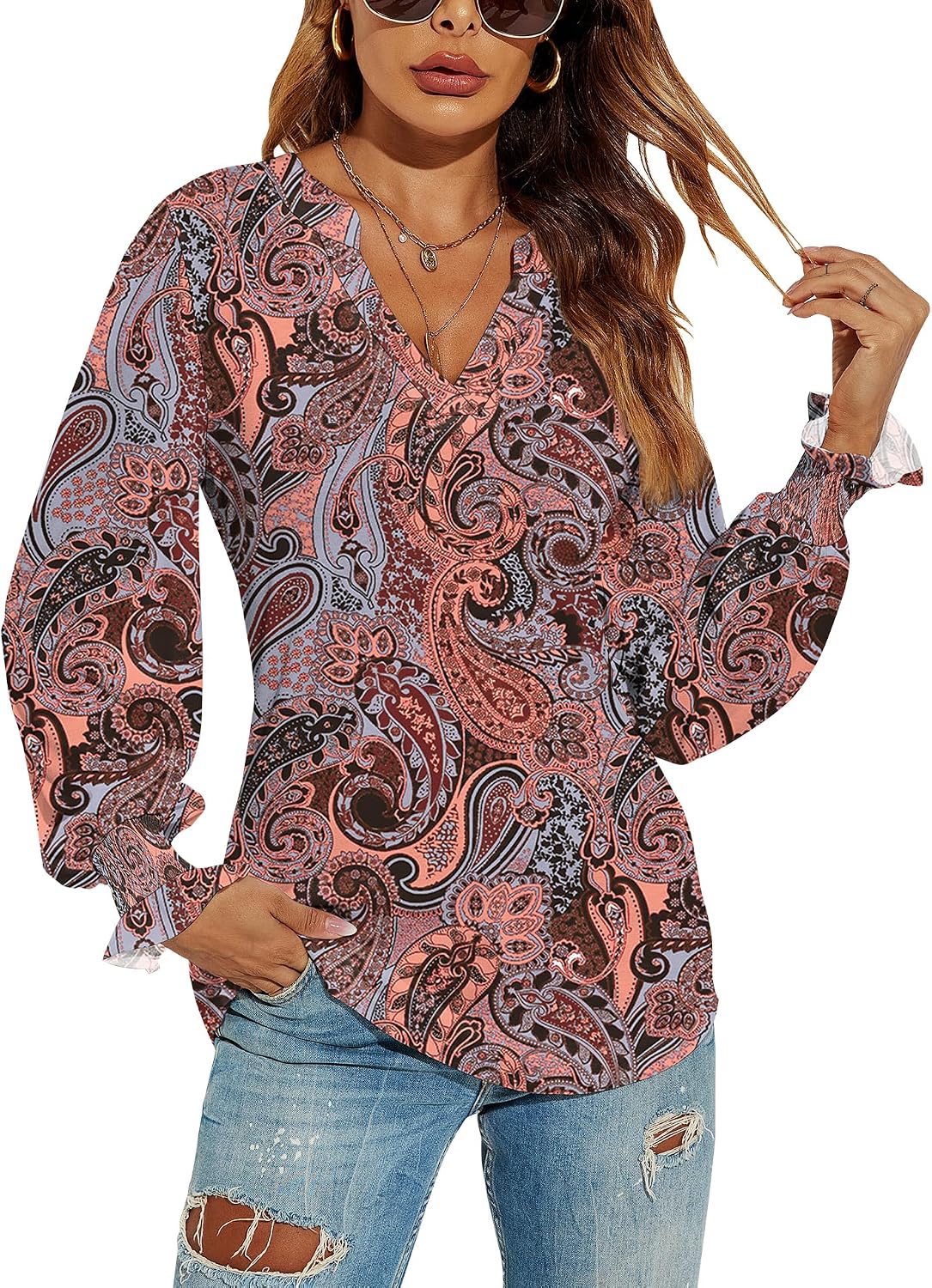 V-Neck Puff Long Sleeve Tunic Blouse