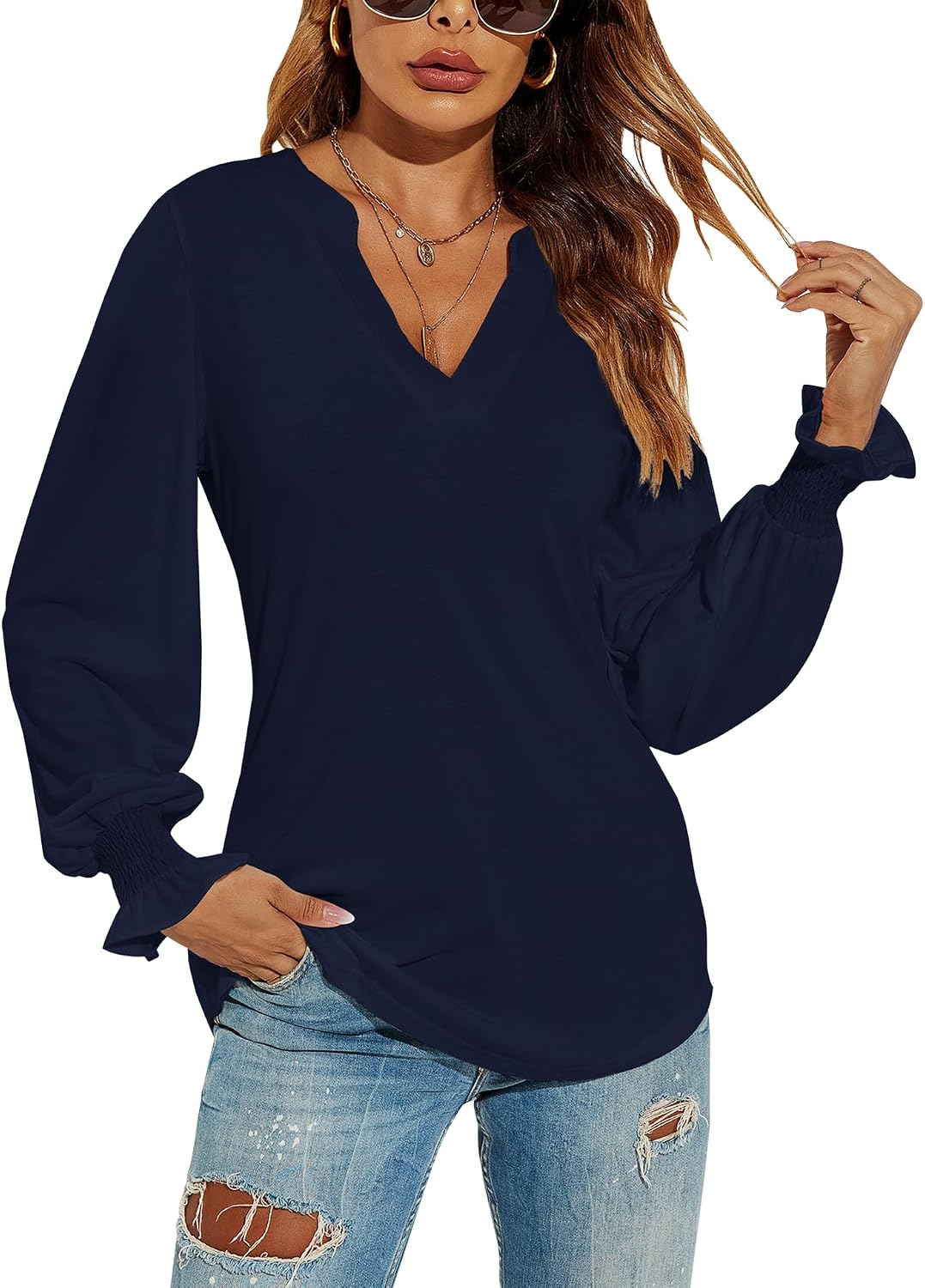 V-Neck Puff Long Sleeve Tunic Blouse