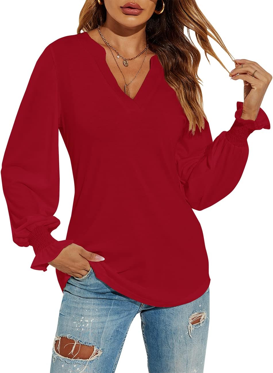 V-Neck Puff Long Sleeve Tunic Blouse