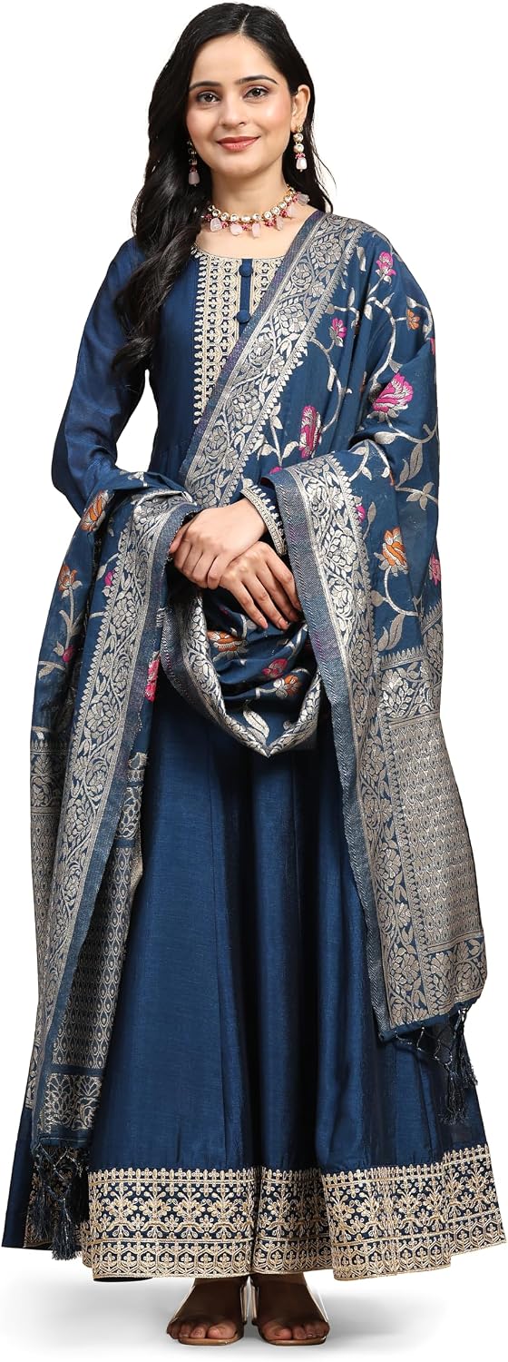 Vichitra Silk Anarkali Suit Set with Jacquard Dupatta