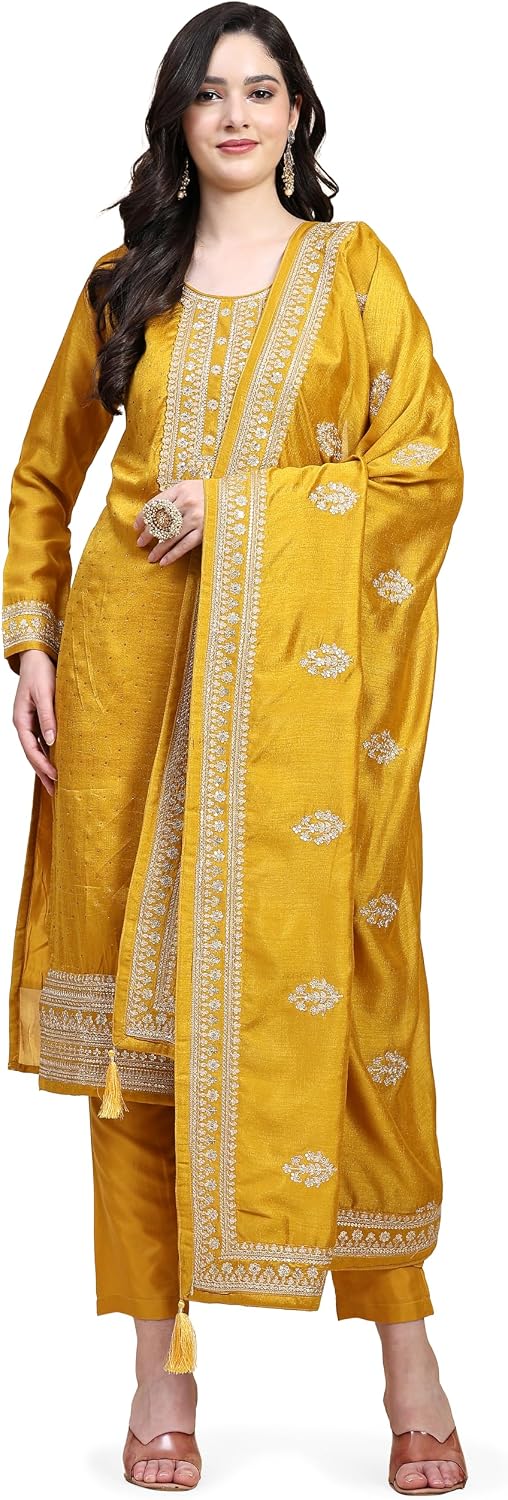 Vichitra Silk Embroidered Salwar Suit Set with Dupatta