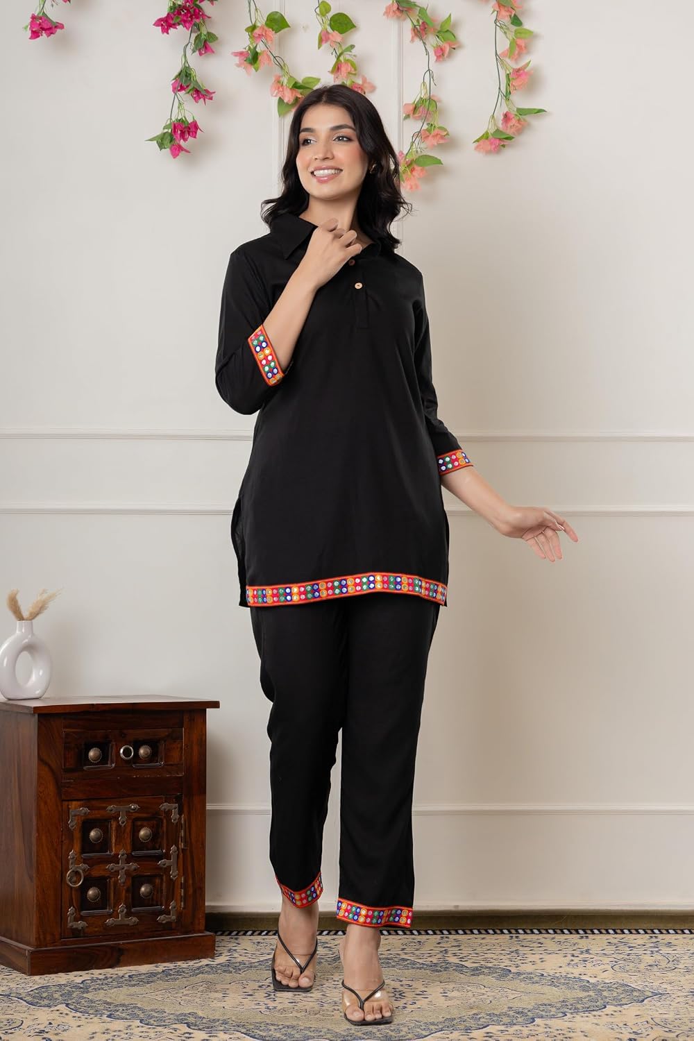 Rayon Lounge Set with Embroidery, Black