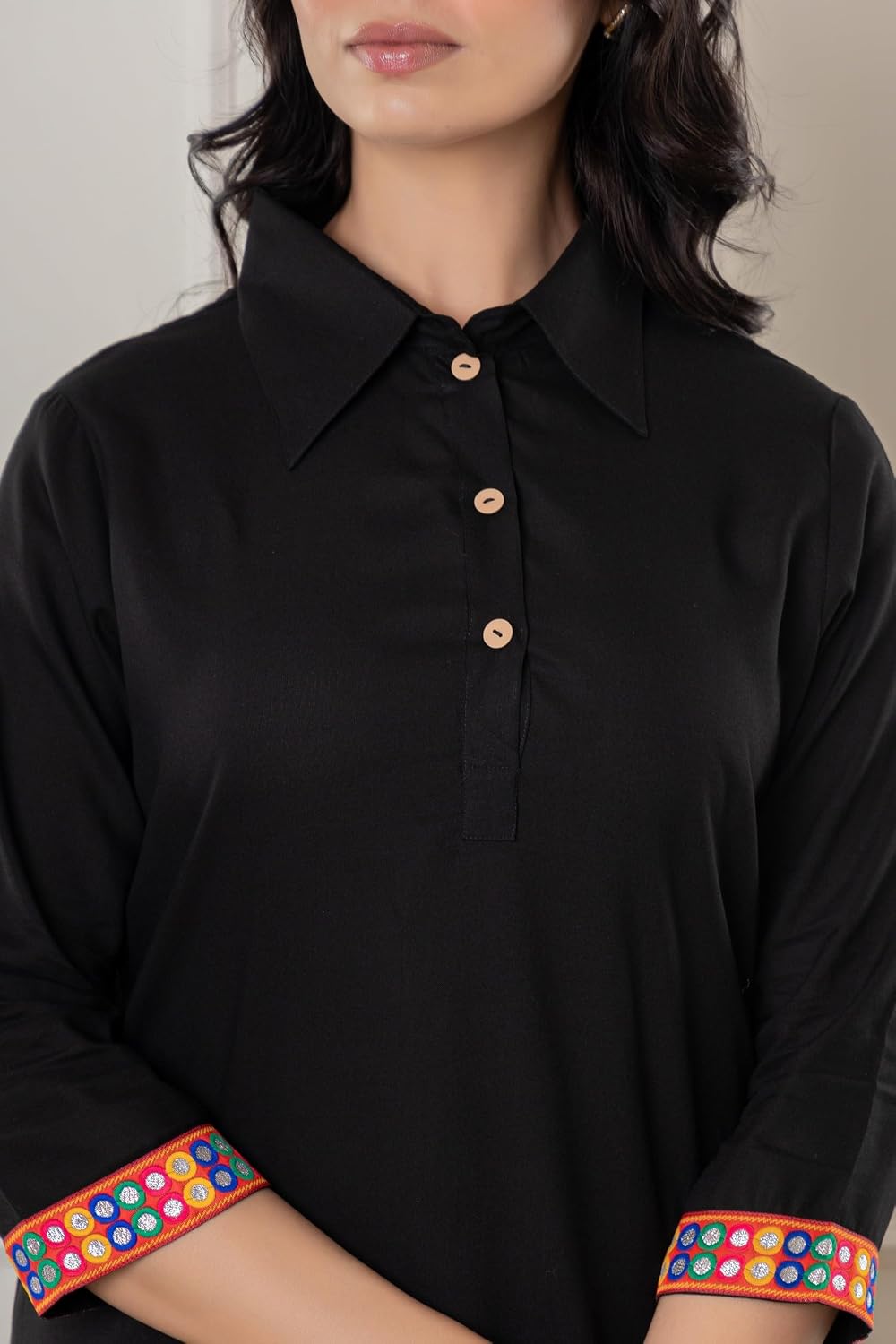 Rayon Lounge Set with Embroidery, Black