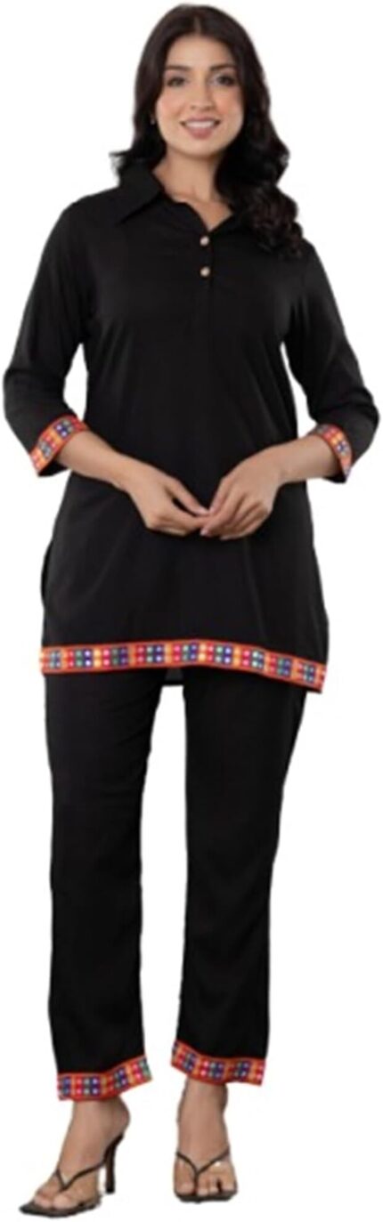 Rayon Lounge Set with Embroidery, Black