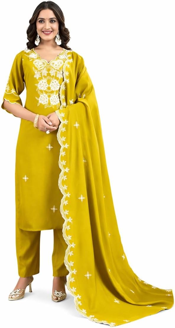 Art Silk Embroidered Straight Kurta Set with Pant and Dupatta