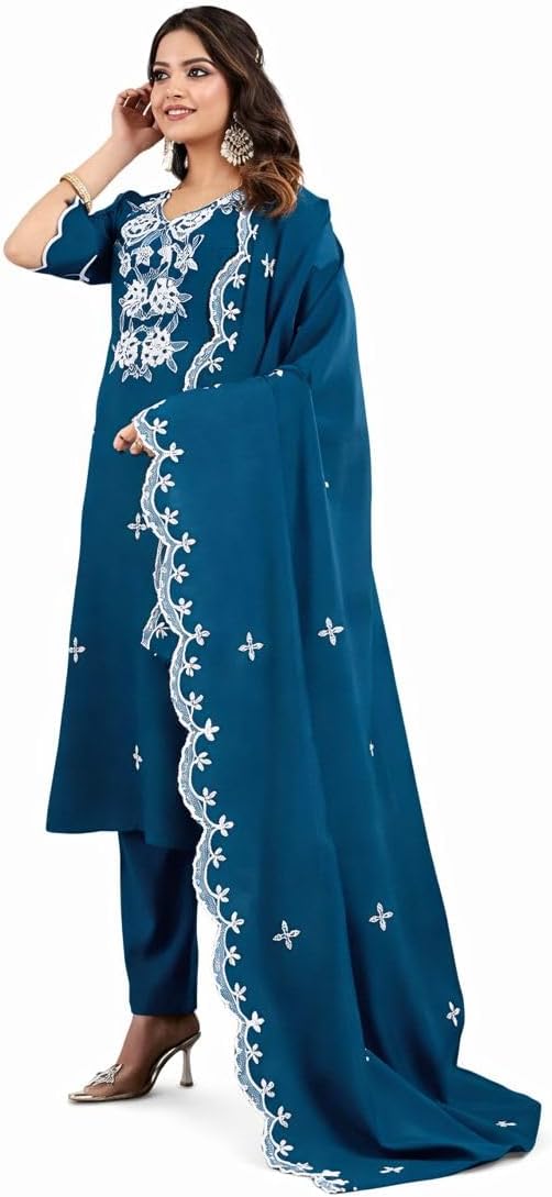 Art Silk Embroidered Straight Kurta Set with Pant and Dupatta