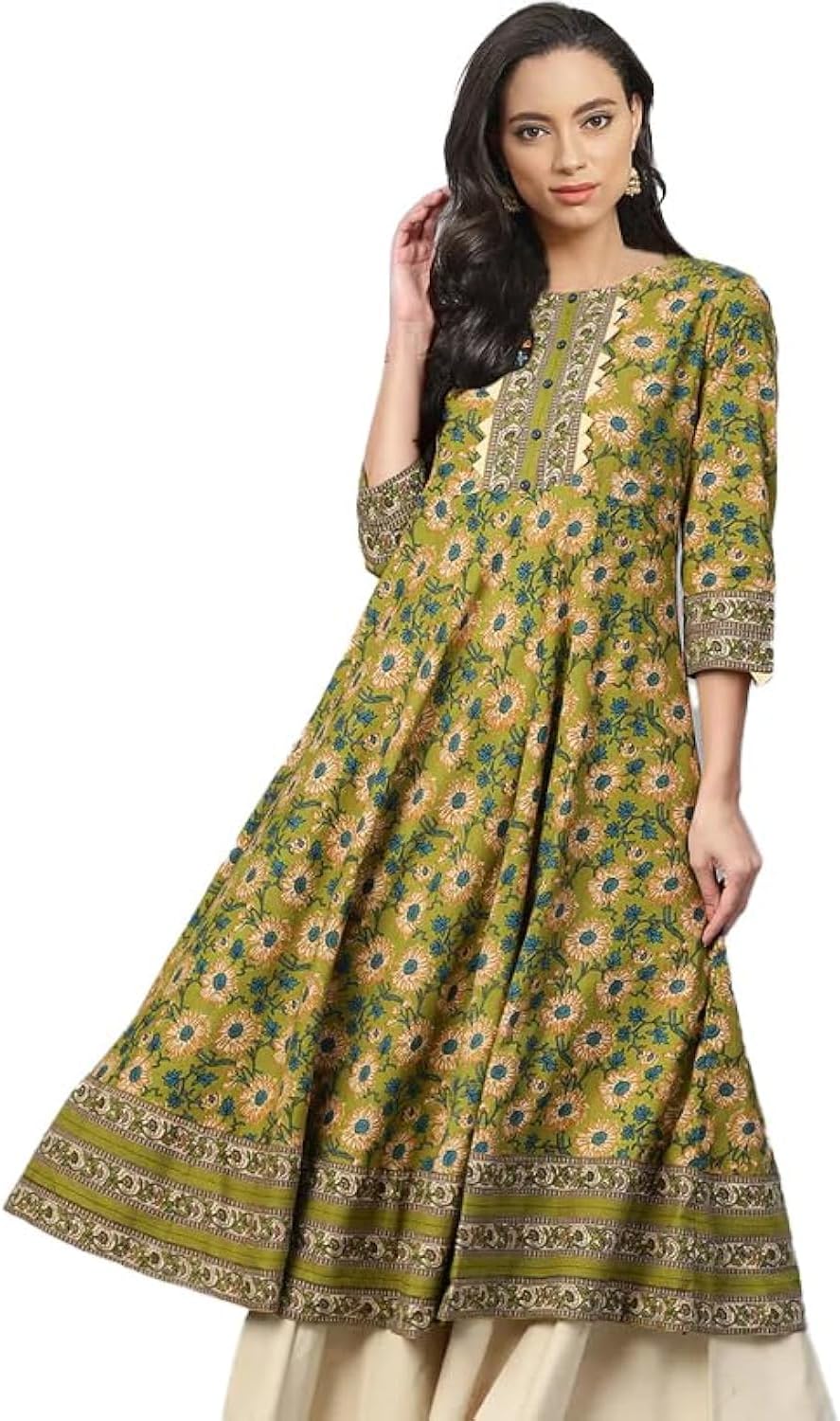 Pure Cotton A-Line Kurti with Floral Printed Yoke, 3/4 Sleeve