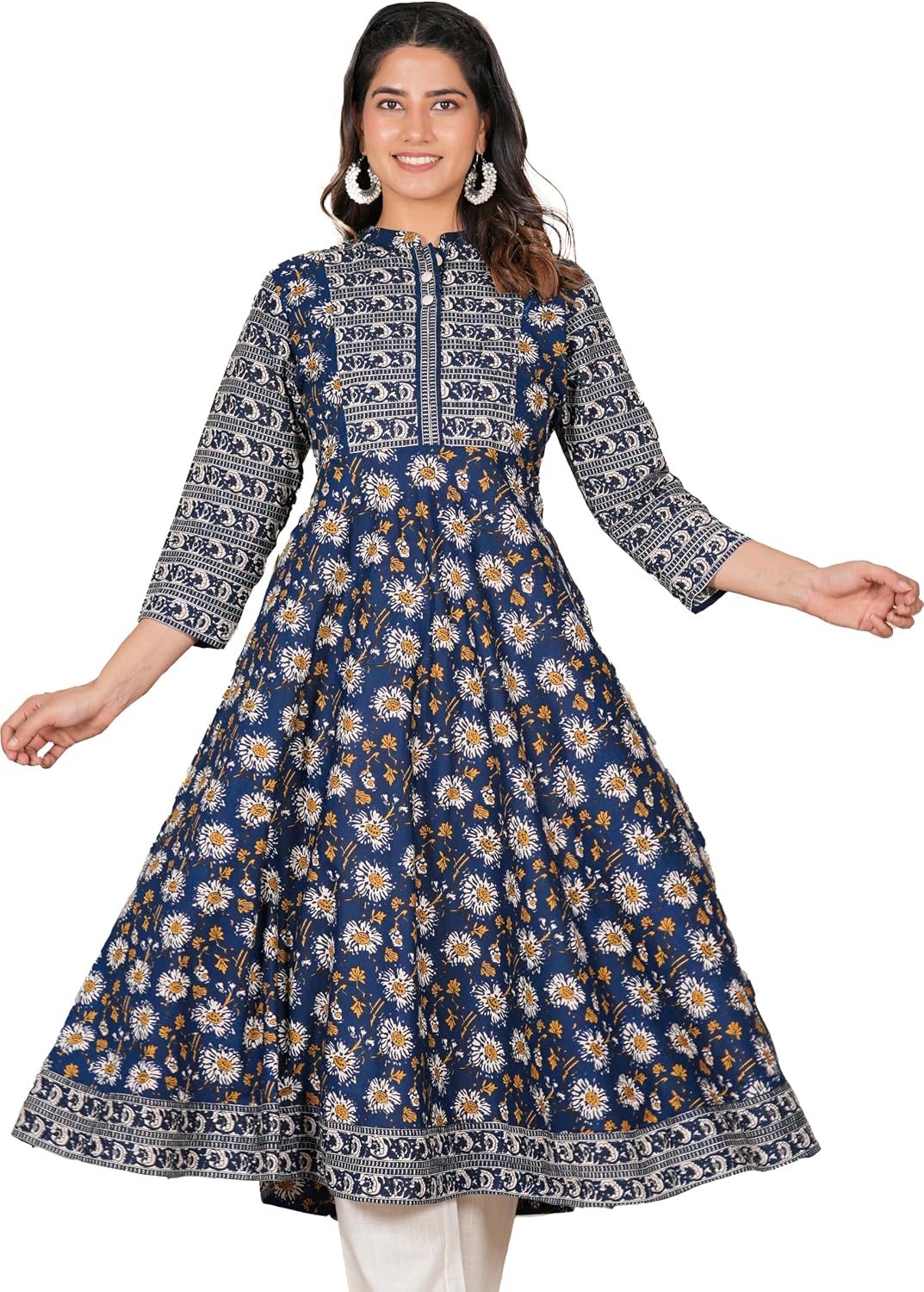 Pure Cotton A-Line Kurti with Floral Printed Yoke, 3/4 Sleeve