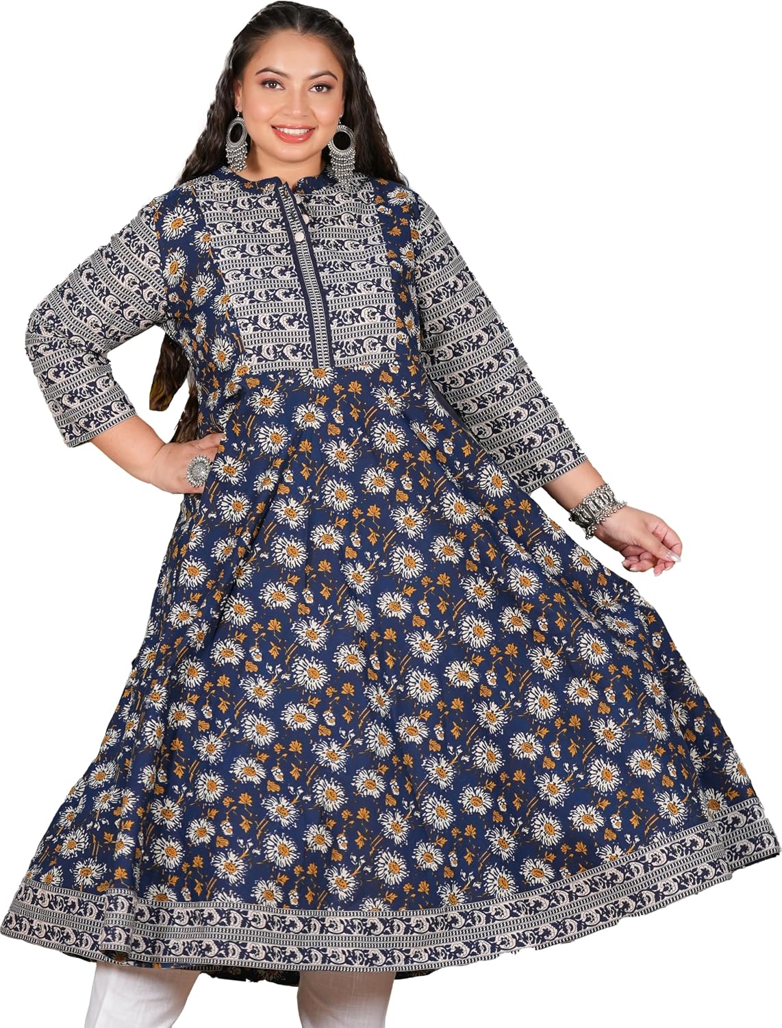 Pure Cotton A-Line Kurti with Floral Printed Yoke, 3/4 Sleeve
